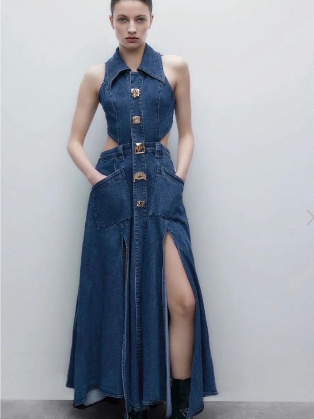 Urban Revivo Denim Cutout Maxi Jean Dress - size 10 - Picture 2 of 5